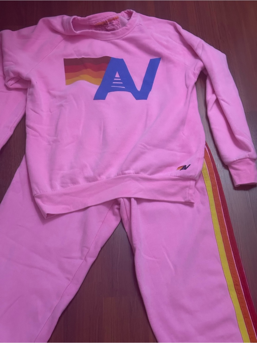 Aviator Nation Pink Track Pants & Sweatshirt Set with Rainbow Stripe